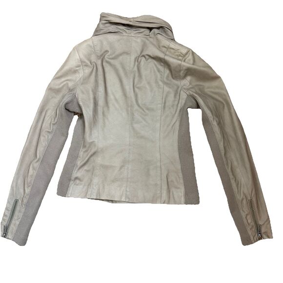 Vince Draped Neutral Tan Moto Leather Jacket Rib Knit Wool Details Size M Zipper - Picture 6 of 13